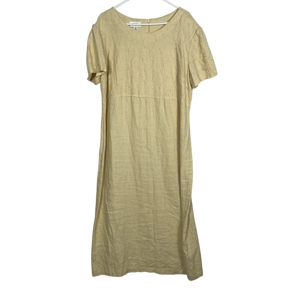 Talbots Vintage Linen Midi Dress Womens 18 Yellow Short Sleeve Empire Waist